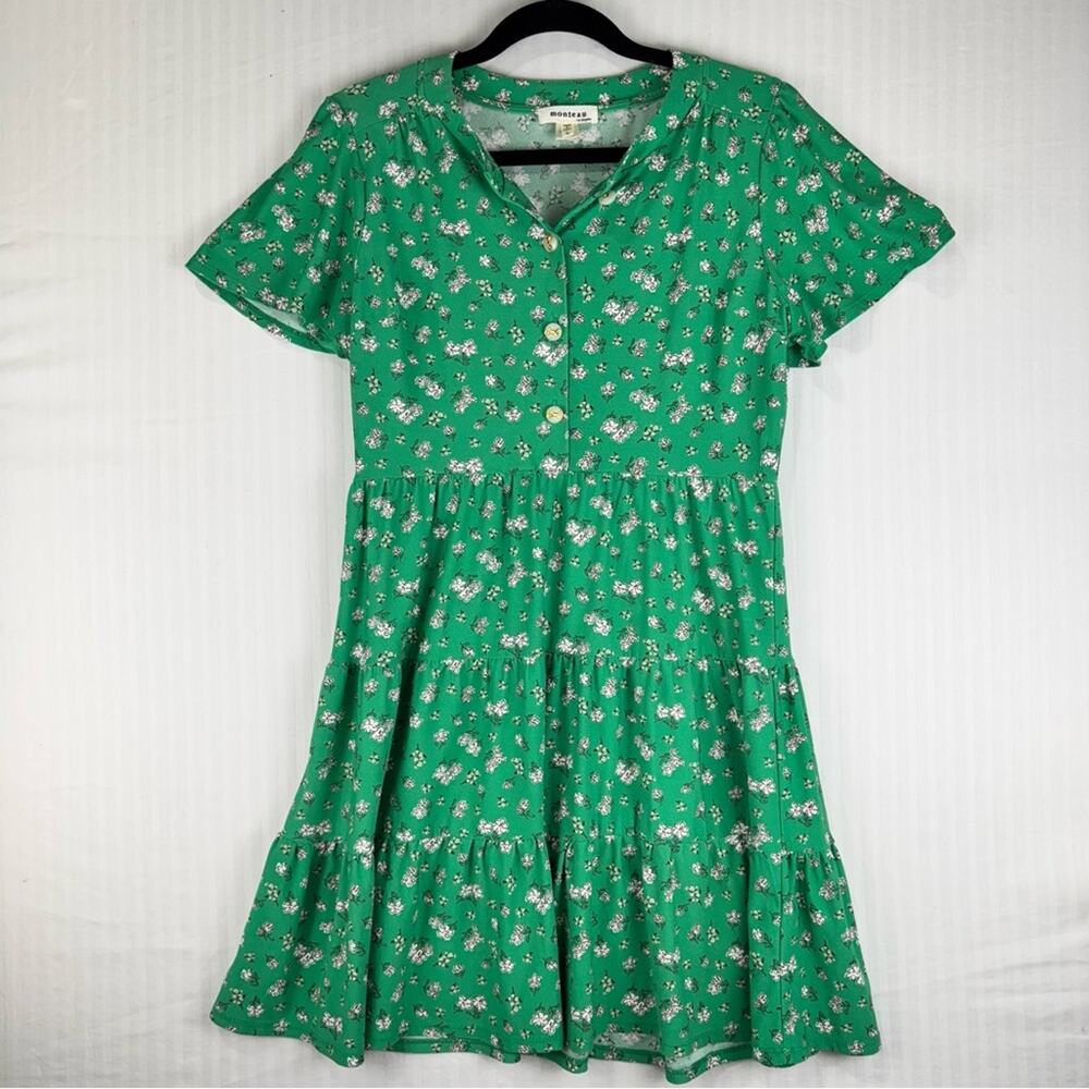 Monteau Charming Green Green Dress Dainty White Florals Bow Buttons Size Large